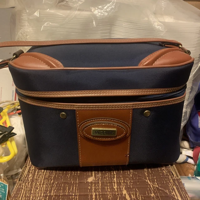 Vintage JAGUAR Train Case Carry On Cosmetic Overnight Bag Navy Blue 7.5"x7.5x12"