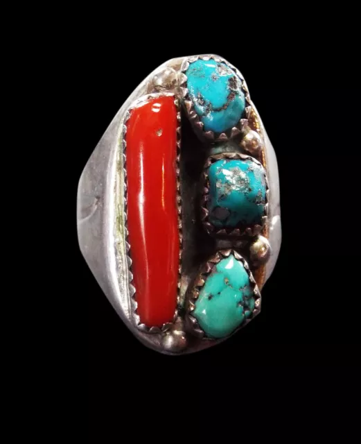 Sterling Coral and Turquoise Ring  - Navajo Handmade