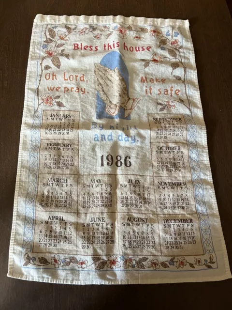 Vintage 1986 Calendar Kitchen Tea Towel Linen Bless this House prayer fair