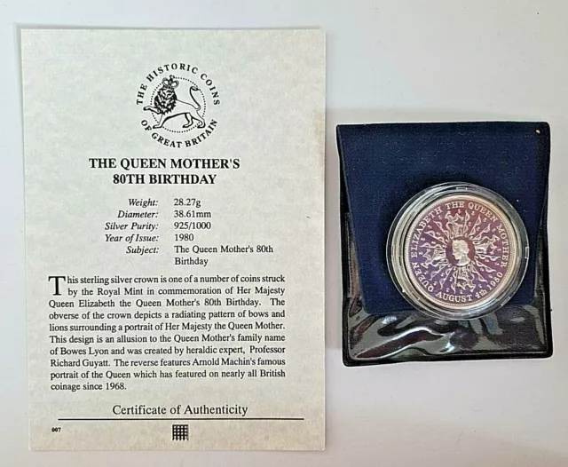 1980 THE QUEEN MOTHER'S 80th BIRTHDAY Crown coin in Sterling Silver + COA