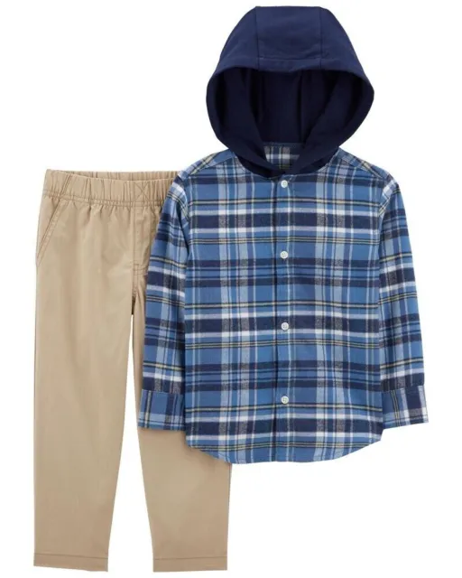Carter's Baby Boy 2Pc Plaid Hooded Button-Down Flannel Shirt Khaki Pant Set 12M