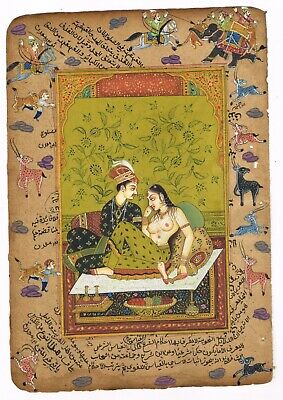 Indien Miniature Ancien Peinture De Moghol King & Nues Reine En Love Scène Art