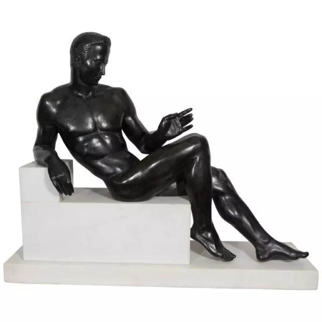 Italian Novecento, Reclining Male Nude, Patinated Bronze Sculpture, ca. 1930