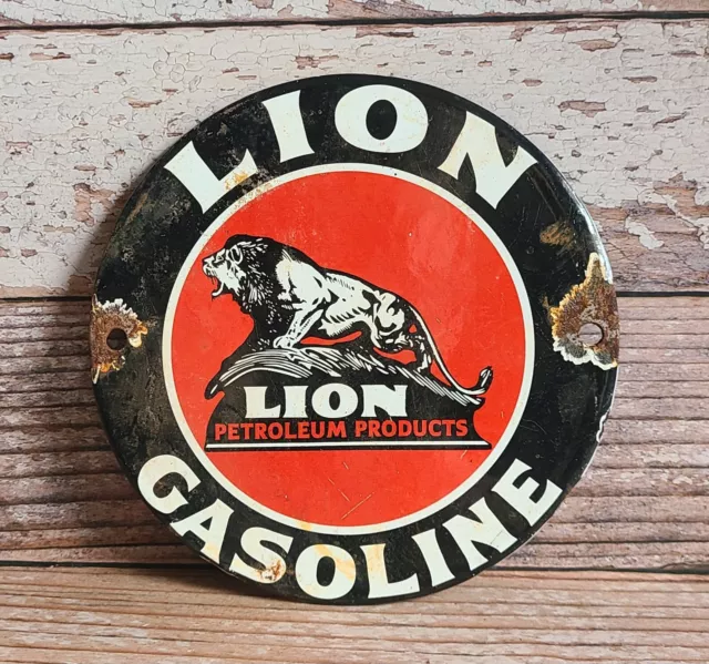 Vintage Lion Petroleum Gasoline Porcelain Metal Gas Pump Plate Sign