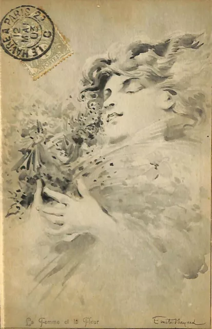Art Nouveau Carte Postale Femme & Fleur Illustrateur Emile Bayard 1903