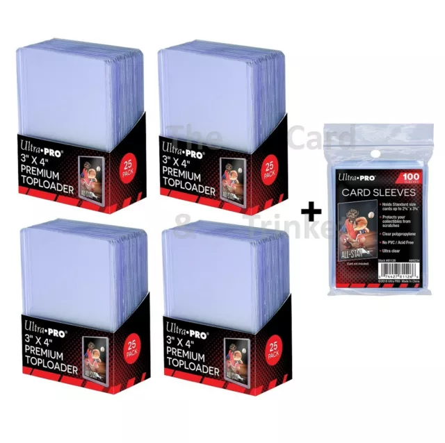 100 Ultra PRO Premium 35pt 3x4" Card Toploaders + 100 SLEEVES Loaders Toploader