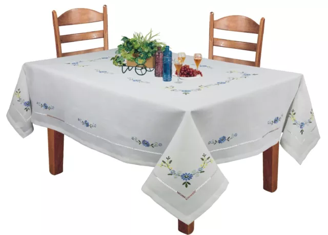 Creative Linens Hemstitch Embroidered Daisy Flower Tablecloth, White Blue 2