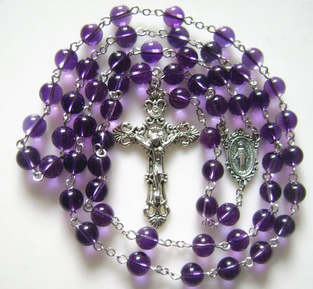 Natural 8Mm Amethyst Rosary Beads Italy Cross Crucifix Catholic Necklace Box