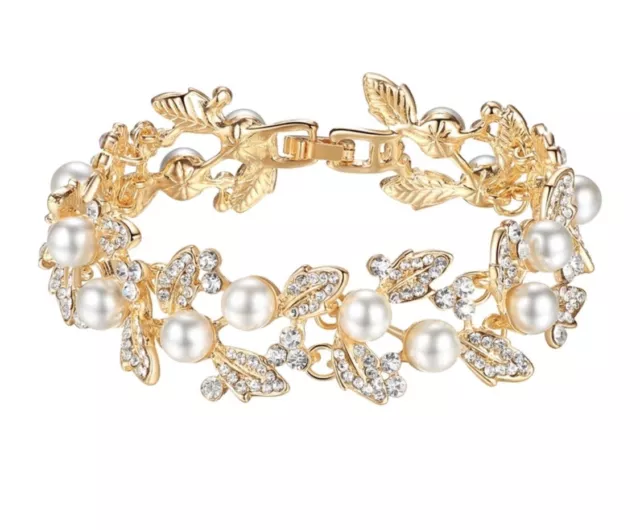 Bridal Wedding Party Luxury Crystal Pearl Gold Bracelet Jewellery