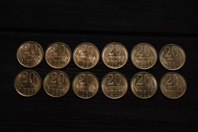 Lot of 12 Coins 20 Kopeks 1979 - 1990 "AU-UNC" Soviet Union ussr Y # 132.