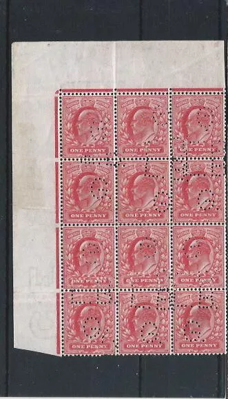 GB-KE7 1902-10 DLR 1d SCARLET BLOCK OF 12 WITH MISPLACED 'LBG' PERFIN