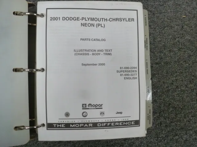 2001 Dodge Neon Sedan Parts Catalog Manual SE ES R/T Competition 2.0L