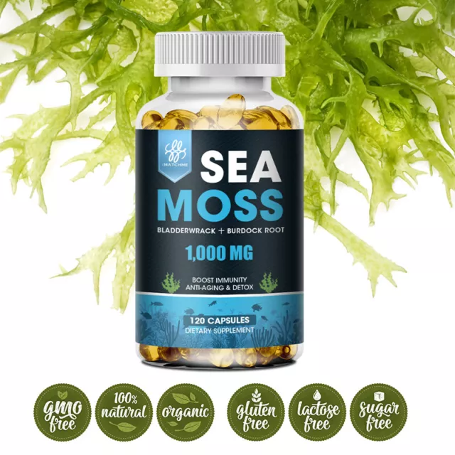 120Pcs Organic Sea Moss Capsules, Irish Sea Moss, bladderwrack & Burdock Root