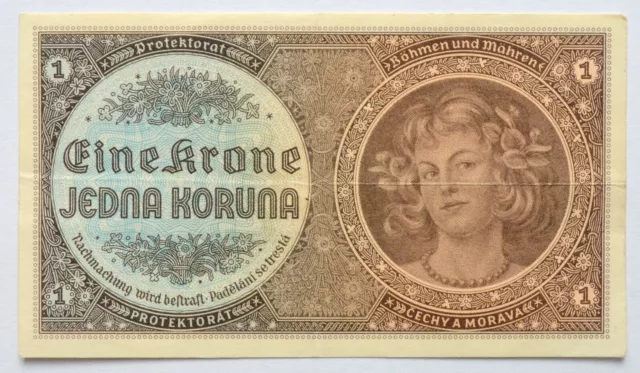 Bohemia & Moravia Czechoslovakia 1 Koruna 1940 Old Banknote