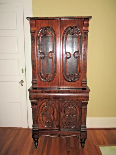 Antique Flame Mahogany Empire Display/ China Cabinet Wavey Glass
