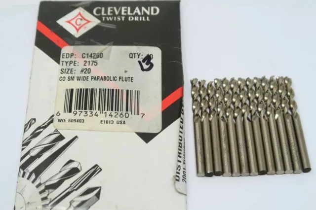 13 pcs CLEVELAND #20 cobalt 135 DEG Parabolic Flute Screw Machine Length Drills