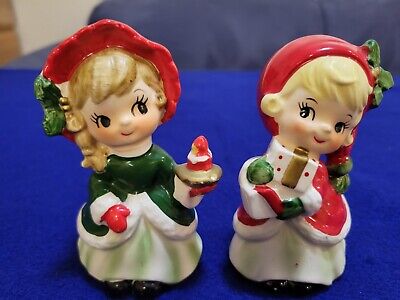 Vintage  Pair of Christmas Girls w Green Dresses Figurine   Japan