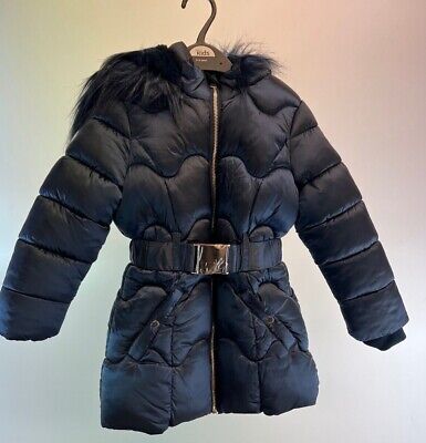 Girls Padded Coat Fur Hooded Quilted Lined Winter Navy  Jacket Age 3 - 10 Years