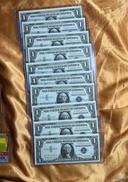 Lot of 10 CONSECUTIVE 1957 ONE DOLLAR SILVER CERTIFICATE BLUE SEAL BU UNC CRISP