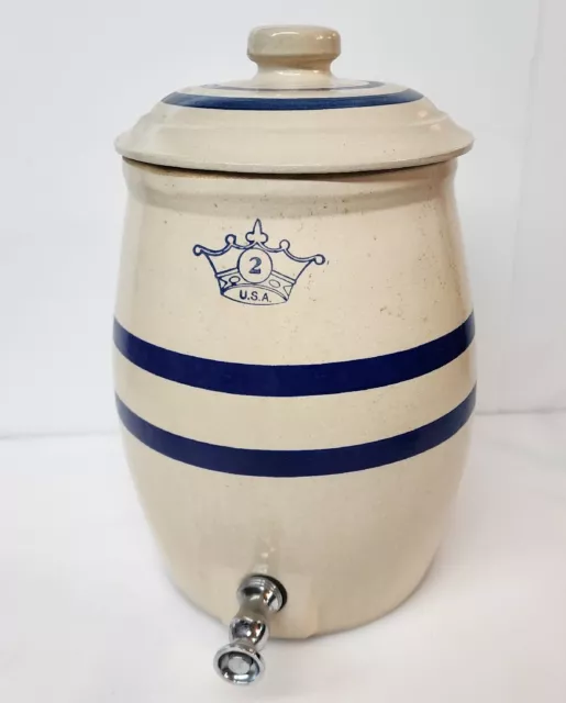 Vintage ROBINSON RANSBOTTOM Stoneware Pottery Blue Crown 2 Gal Crock Water Spout