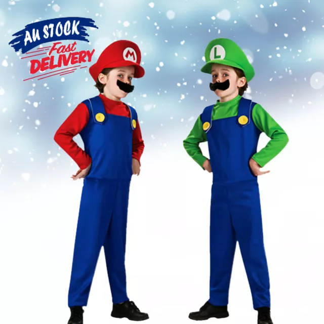 Kid Super Mario Brothers Luigi Fancy Dress Boys Girls Christmas Party Costume