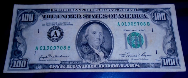 1981 $100 One Hundred Dollar Note, Crisp, Very Nice, Au+, Boston-Issued