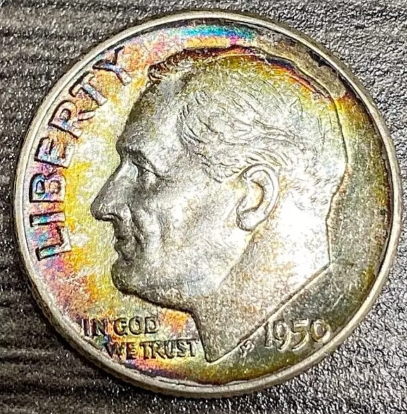1950 P 90% Silver Roosevelt Dime Rainbow Toned Nice Coin Free Shipping!
