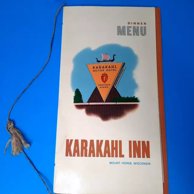 Vintage Karakahl Inn Motor Hotel Restaurant Dinner Menu Mount Horeb, WI Viking