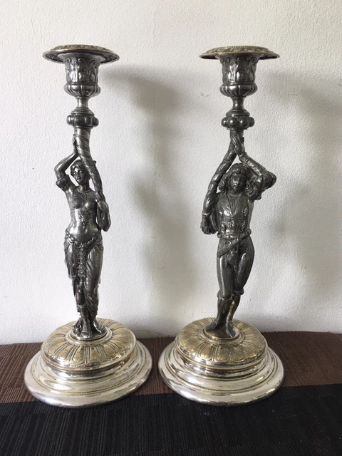 Pair Antique Silver Plated Candlestick Figures Candelabra Napoléon III period