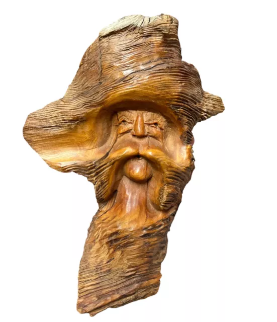 Wood Hand Carved Spirit Old Man w/ Beard Tree Face Carving Forest Wizard Pirate