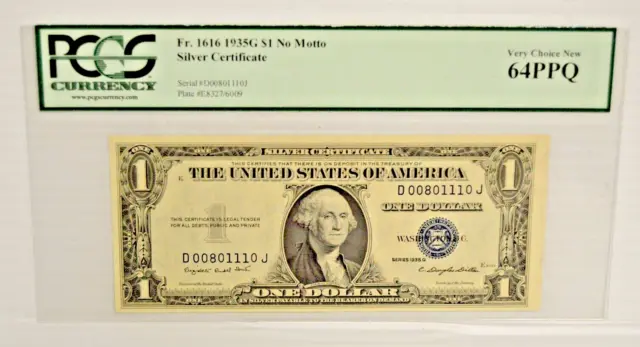 PCGS GRADED 1935-G No Motto $1 Silver Certificate      *UNIQUE SERIAL NUMBER*