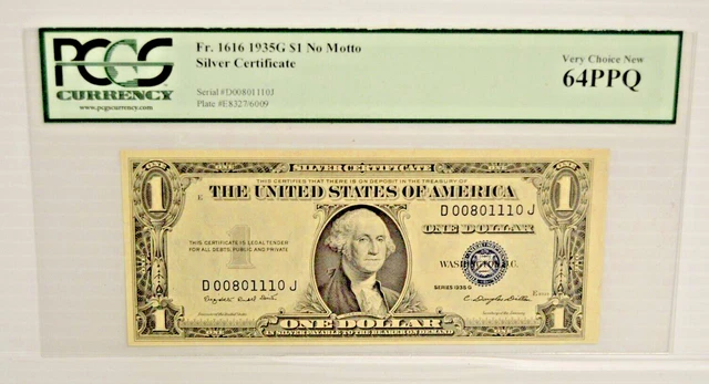 PCGS GRADED 1935-G No Motto $1 Silver Certificate      *UNIQUE SERIAL NUMBER*
