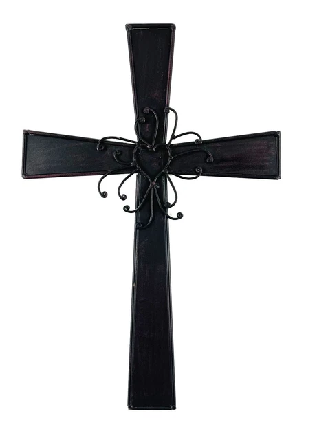 Metal wrought iron Cross wired heart DK red brown distressed Rustic home decor