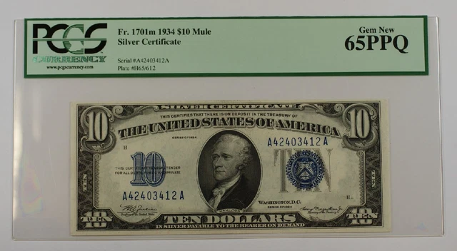 1934 *MULE* $10 Ten Dollar Silver Certificate PCGS Gem New 65 PPQ Fr. 1701m