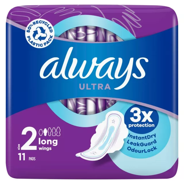 11 x Always Ultra Sanitärhandtücher lang mit Flügeln Größe 2 Geruchsverschluss & Leckschutz 2