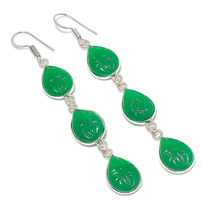 Green Jade Ethnic 925 Sterling Silver Jewelry Earring 3.15" e264