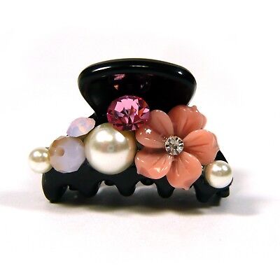 a Pair of Small Flower Pearl Crystal Beaded Plastic Hair Claw Jaw Clip Clamp Pin