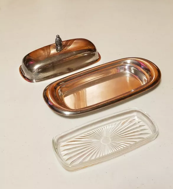Wm Rogers 987 Silverplated Butter Dish w/Glass Inset & Cover w/Pineapple Finial