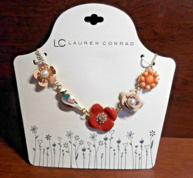 LC Lauren Conrad Gold Tone Peach Pearl Rhinestone Floral Statement Necklace NEW