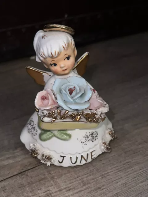 Vintage June Rose Pearl Birthday Angel Lefton Figure #489 Spaghetti Trim