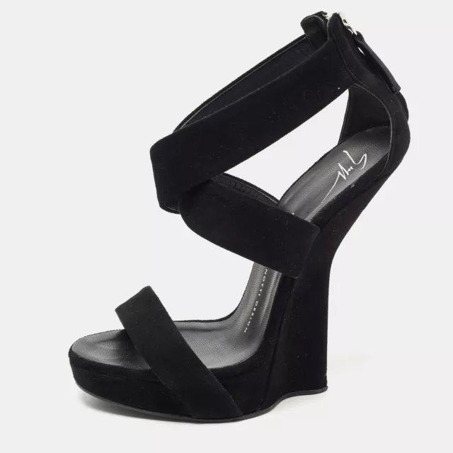 Giuseppe Zanotti Black Suede Ankle Wrap Wedge Sandals Size 37.5