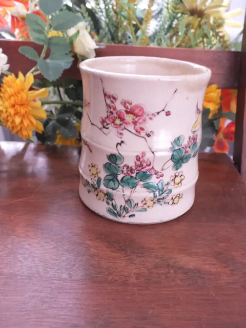 Vintage Pottery China Small Vase Faux  Bamboo Shaped Flowers & Birds Pretty