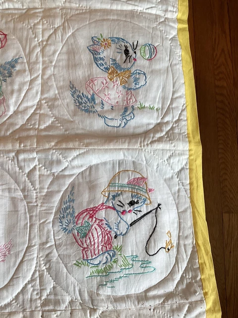 Vintage Handmade Child BABY QUILT Blanket Kitten Kitty Cat 33x25” Yellow Border