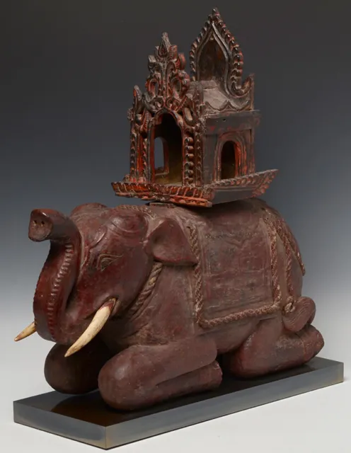 19th Century, Mandalay, Antique Burmese Wooden Elephant with The Chair on Top