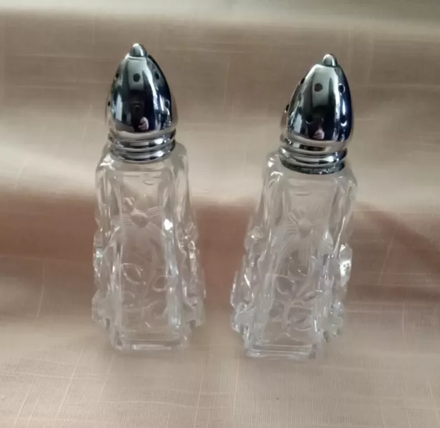 Crystal Salt And Pepper Shakers Etched Flower Clear Glass