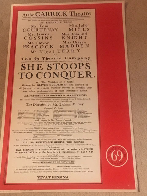 VINTAGE GARRICK THEATRE Poster SHE STOOPS SHE TO CONQUER Tom Courtenay ...