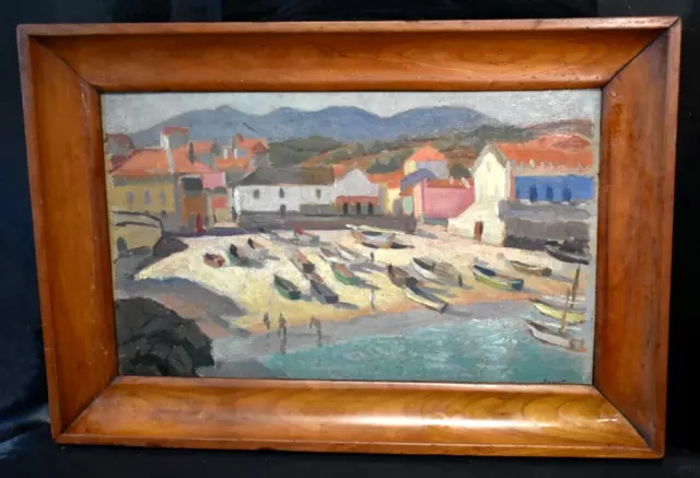 Tableau ancien huile bord de mer animé bateaux signé début XXe