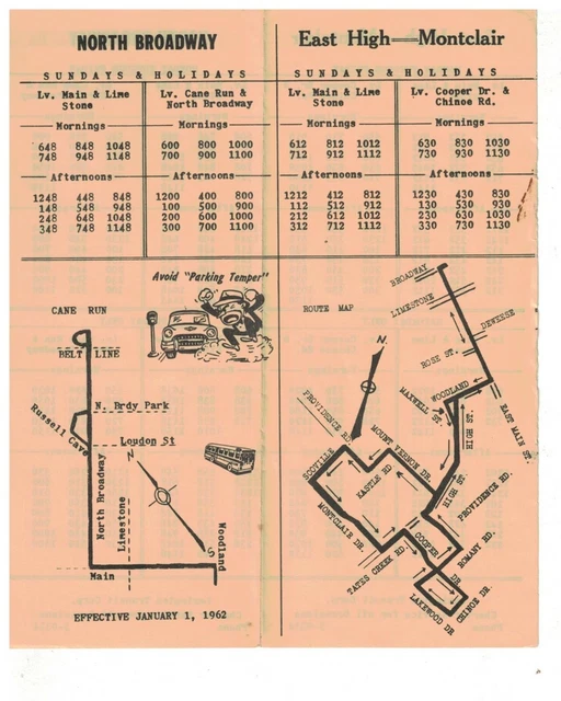 1962 LEXINGTON KY Bus Schedule And Route Map North South Limestone