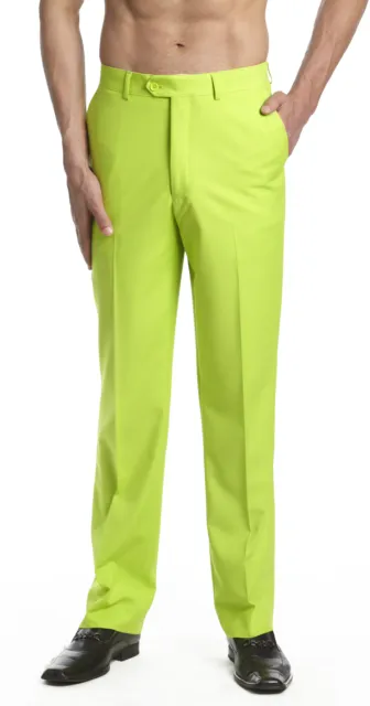 CONCITOR Men's Dress Pants Trousers Flat Front Slacks Solid LIME GREEN Color