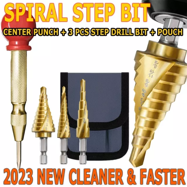 4PCS Titanium Spiral Step Drill Bit Set Automatic Center Punch High Speed Steel